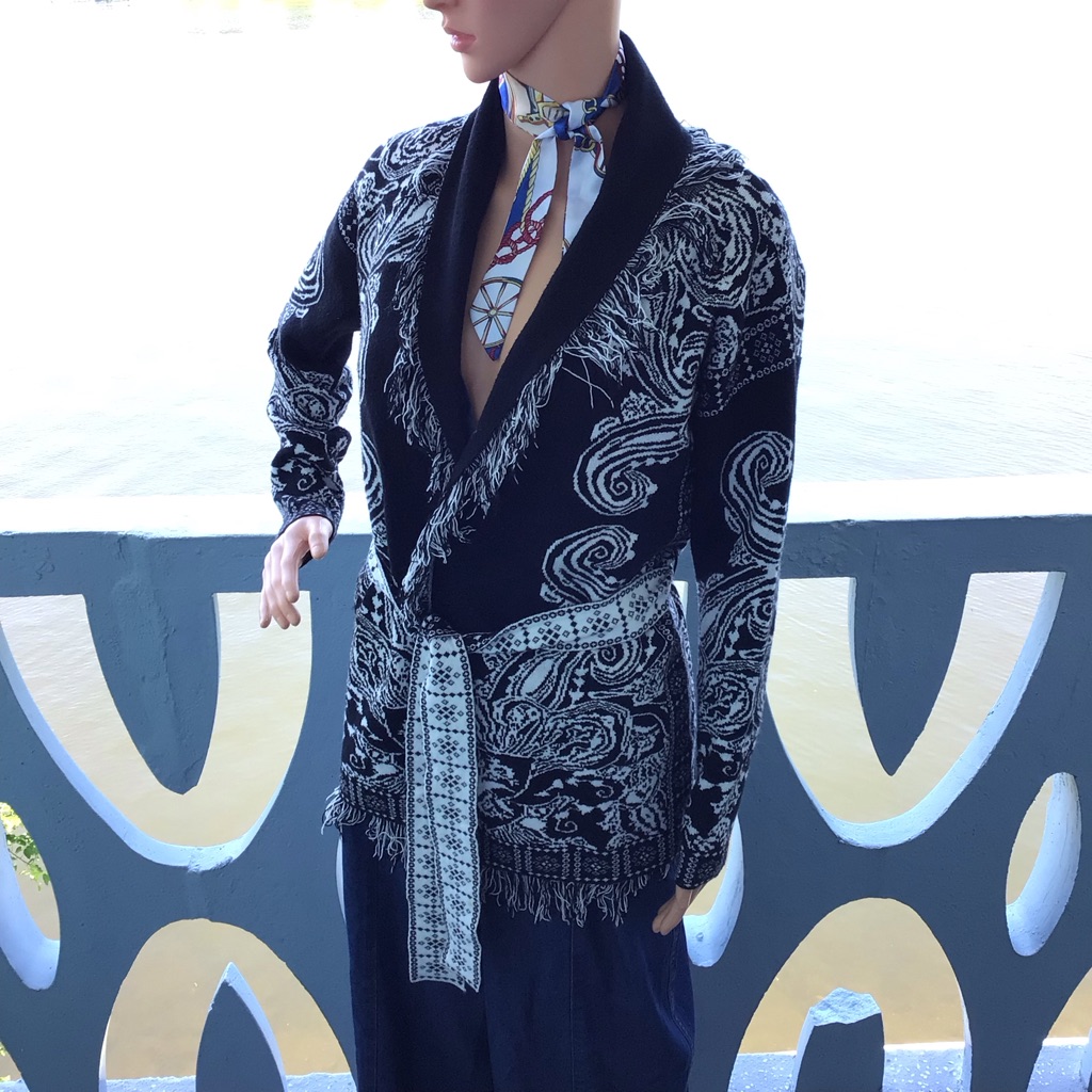 Sioni Black & White Paisley Shawl Fringed Cardigan Jacket Coat With Belt Tie